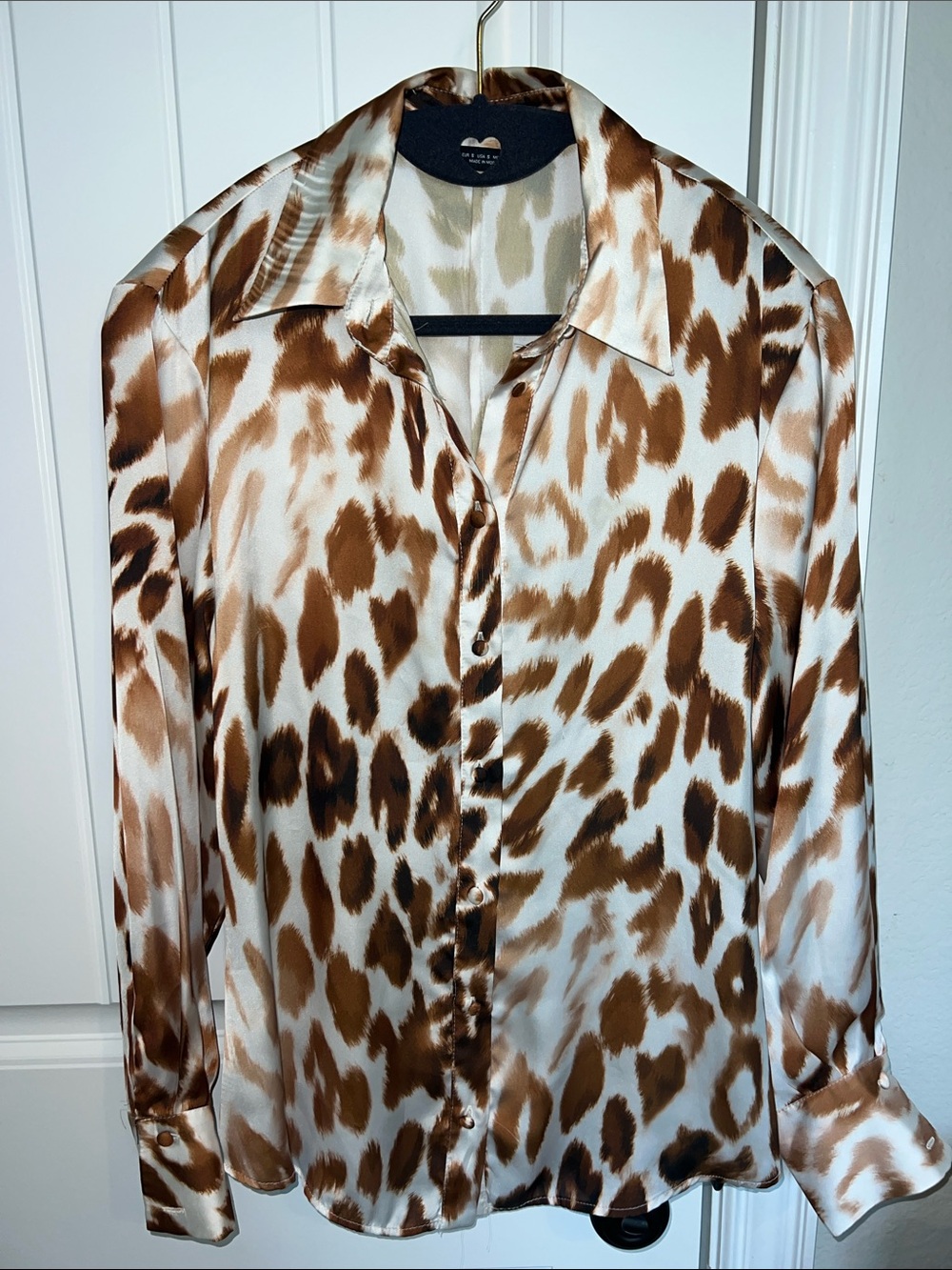 Zara Fun Brown and White Animal-Print Satin Blouse Sz Small
